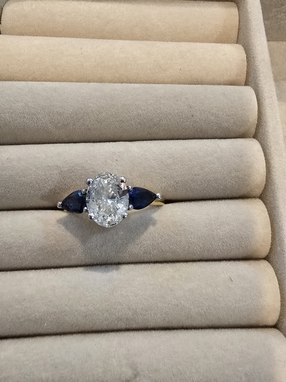 Oval Natural Diamond and Sapphire Three-Stone Ring